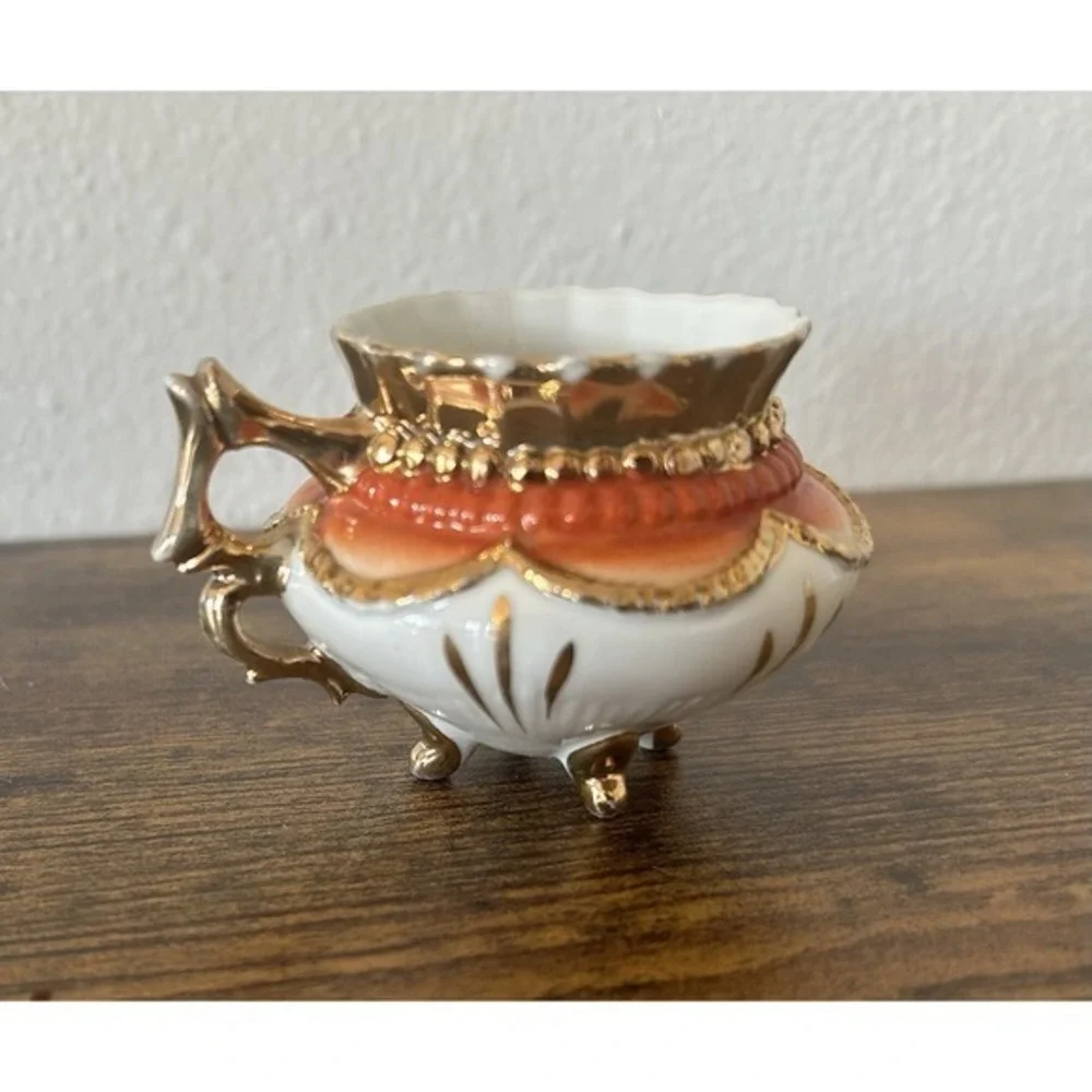 2-PC Vintage‎ Mini Vase Floral Gold Handle Numbered & Porcelain Pedestal Bowl